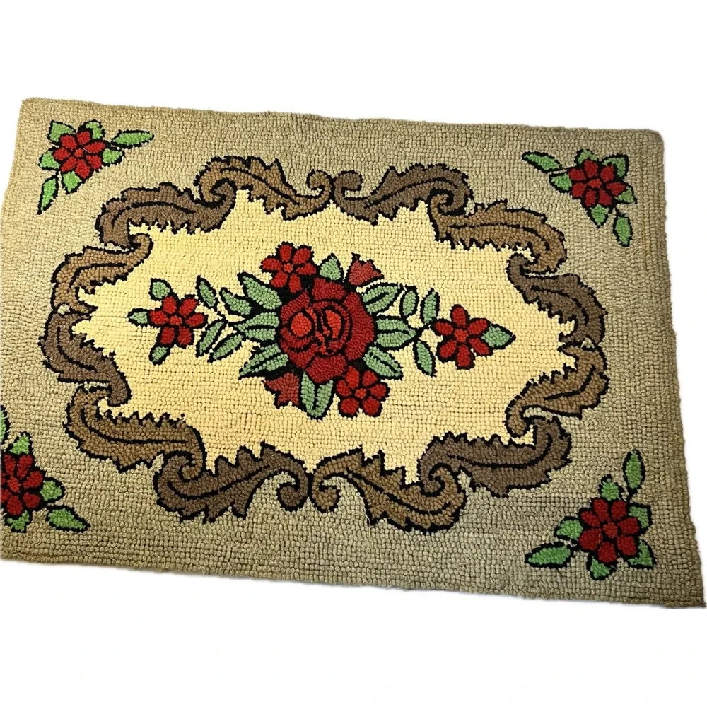 Vintage Hand Hooked Red Rose Floral Rug | 40